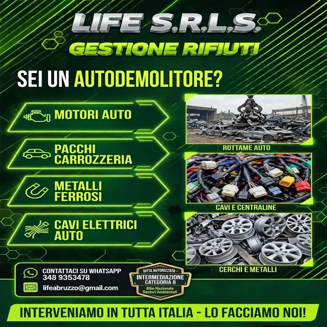Volantino di Life S.r.l.s. per gli autodemolitori: motori, pacchi carrozzeria, metalli ferrosi e cavi elettrici