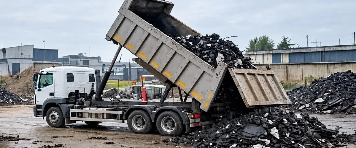Camion che scarica guaina bituminosa in un piazzale