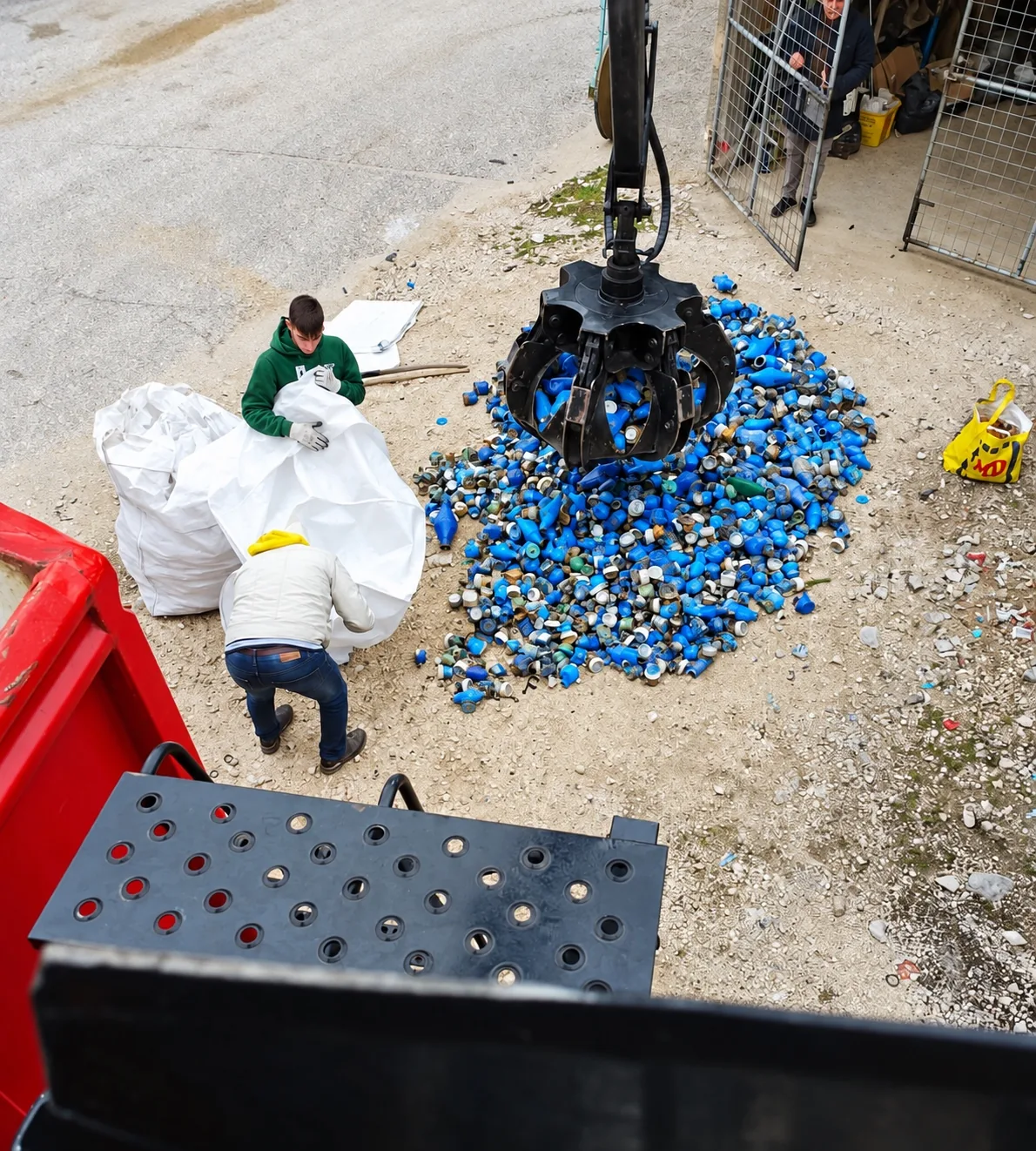 Due operai riempiono i big bag con i rottami metallici scaricati da una gru