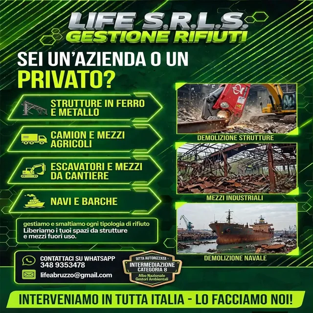 Volantino di Life S.r.l.s. per le demolizioni: strutture in ferro e metallo, camion e mezzi agricoli, escavatori, mezzi da cantiere, navi e barche