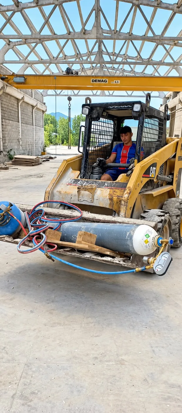 Minipala con le bombole per il taglio a cannello in un capannone