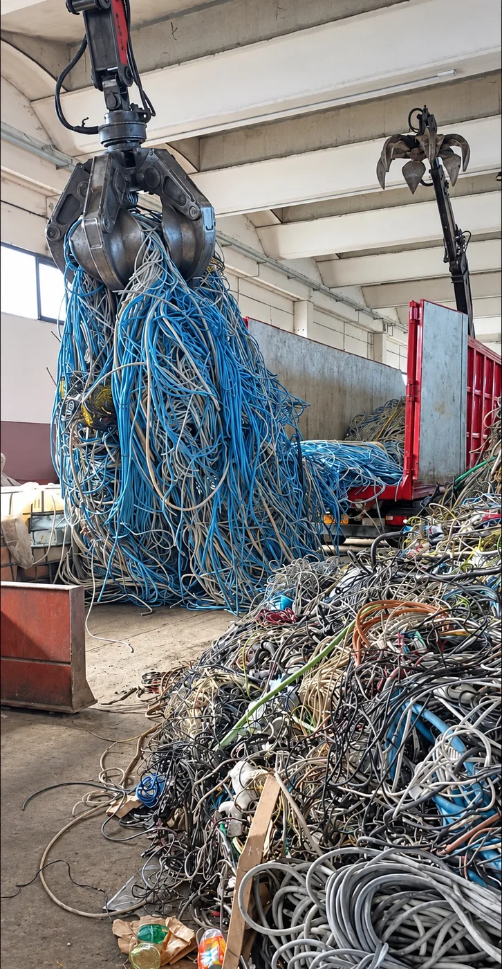 Matasse di cavi elettrici sollevate da una gru in un capannone