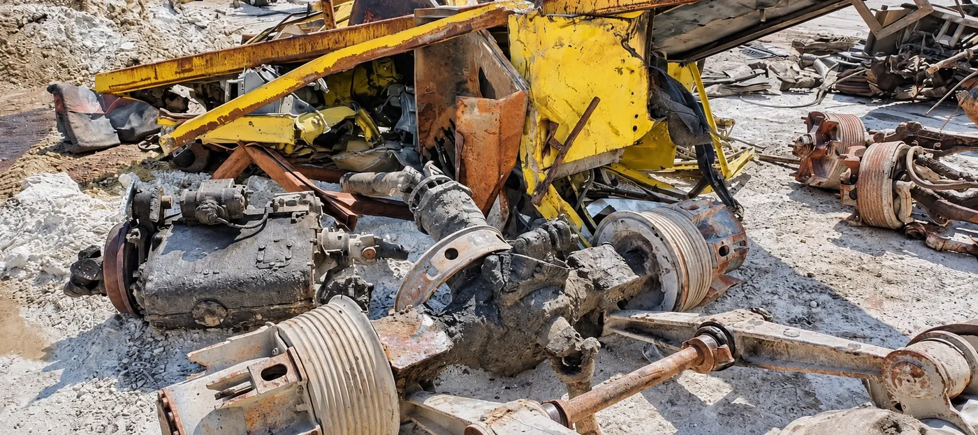 Parti di un mezzo da cantiere giallo, smontato per la demolizione